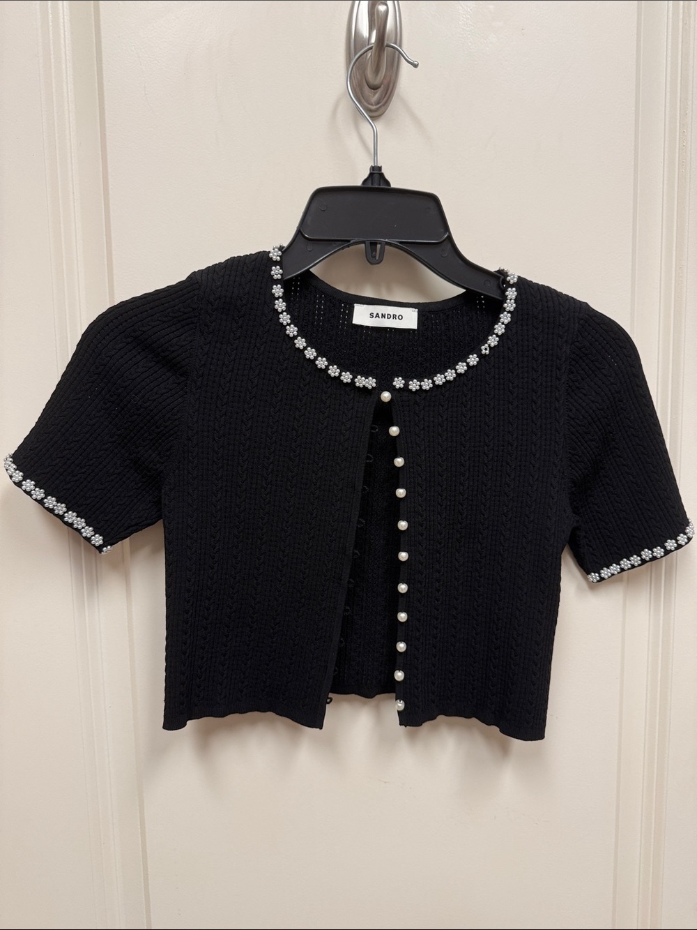 Sandro Black Cropped Knit Cardigan with Pearl Buttons